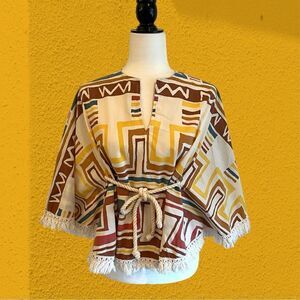 70s vintage true hippie cotton poncho with rope and fringe